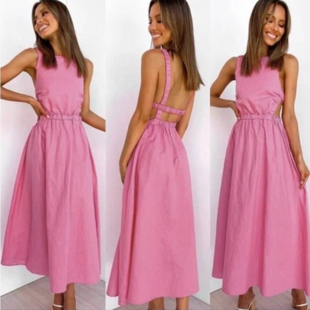 Petal & Pup Rose-Pink Backless A-Line Midi Dress